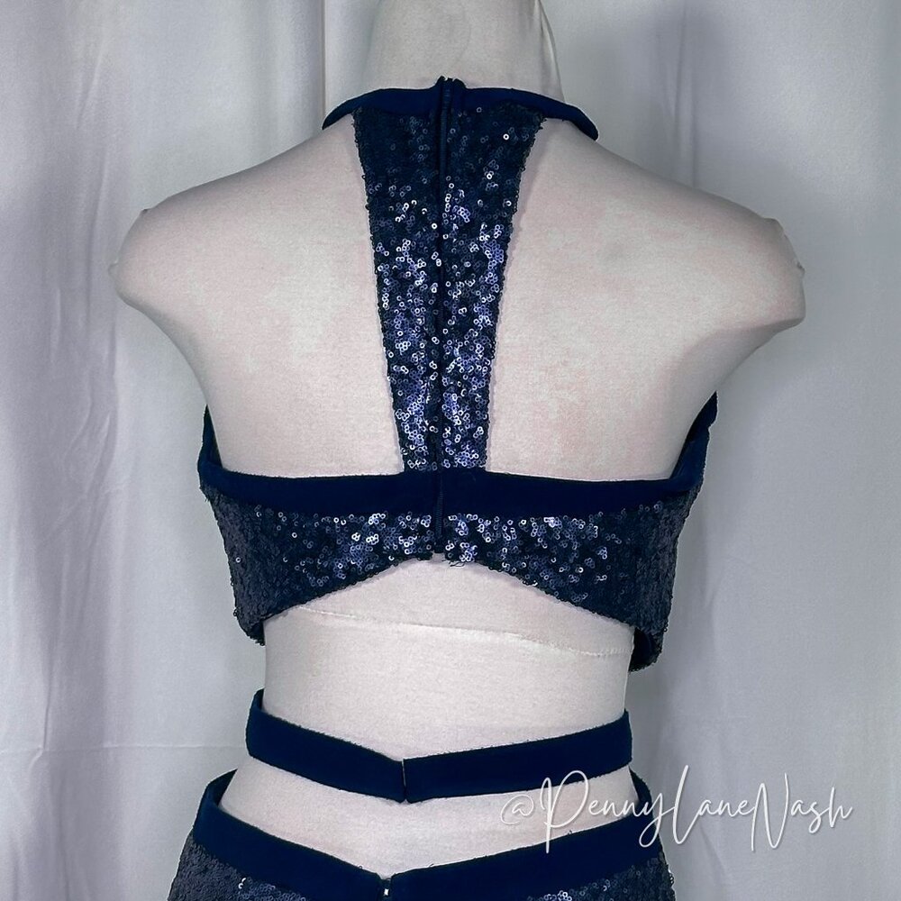 Alyce Paris Sequin Halter V Neck Cutout Fitted Cocktail Dress Navy - Picture 11 of 13